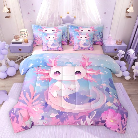 Erosebridal Cartoon Axolotl Twin Bedding Sets for Kids Girls, Dreamy Underwater World Bedding Comforter Set, Pink Reversible, 7 Pieces