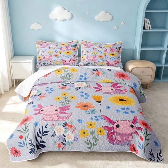 Erosebridal Cartoon Axolotl Twin Quilt Set, Kawaii Flower Twin Coverlet Set, Xmas Reversible, Soft Lilac, 2pcs (1 Bedspread and 1 Pillowcase)