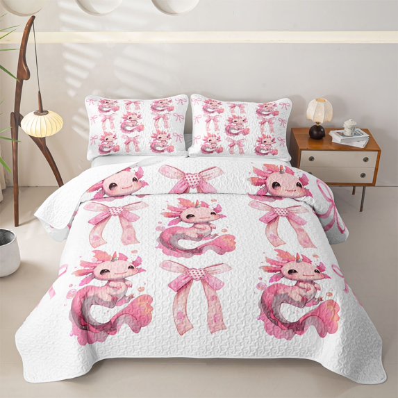 Erosebridal Cartoon Axolotl Twin Quilt Set for Girls, Watercolor Bow-Tie Twin Coverlet Set, 2-Piece 1 Quilt and 1 Pillowcase