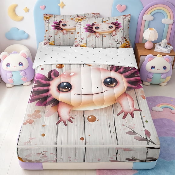 Erosebridal Cartoon Axolotl Zipper Queen Comforter Set with Fitted Sheet and 2 Pillowcases,Rustic Farmhouse Cabin Zipper Bedding Set For Girls,Reversible,4pcs