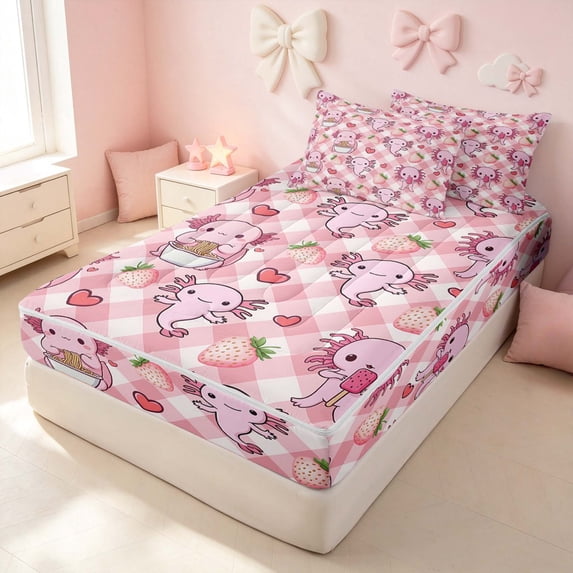 Erosebridal Cartoon Axolotl Zipper Twin Comforter Sets with Fitted Sheet and 2 Pillowcases for Girls, Cute Strawberry Heart Plaid Zipper Bedding Set, Pink Reversible
