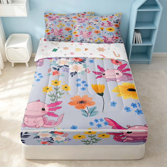 Erosebridal Cartoon Axolotl Zipper Twin Comforter Sets with Fitted Sheet and 2 Pillowcases, Kawaii Flower Zipper Bedding Set, Xmas Reversible, Soft Lilac, Xmas Reversible