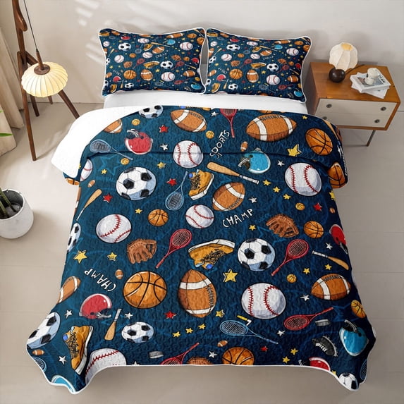 Erosebridal Cartoon Ball Sport Twin Quilt Set,Football Baseball Basketball Twin Coverlet Set For Boys,2-Piece