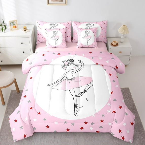 Erosebridal Cartoon Ballet Bedding Queen Size,Kawaii Stars Comforter Sets with Sheets,Dance Theme Bedding Sets Queen Size,Breathable Princess Room Decorative,Reversible,7 Pieces