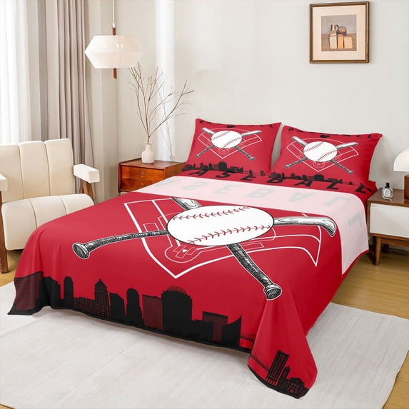 Erosebridal Cartoon Baseball Full Size Sheets, Sports Gaming Bed Sheets, Red Black, 4 Pieces