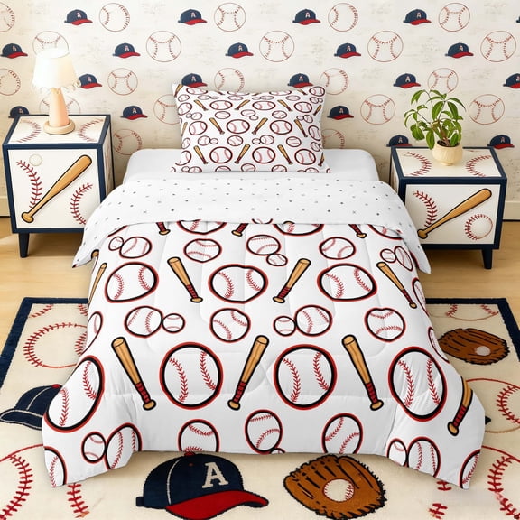 Erosebridal Cartoon Baseball Pattern Twin Comforter Sets, Sport Bedding Set for Boys and Girls, Reversible 2 Pieces, 1 Comforter and 1 Pillowcase