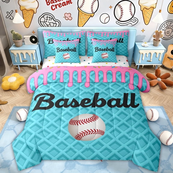 Erosebridal Cartoon Baseball Twin Bedding Sets for Kid, Blue Pink Ice Cream Bedding Comforter Set, 7 Pieces