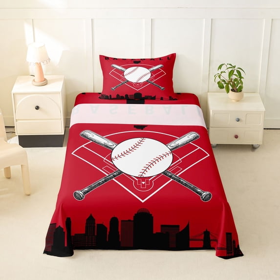Erosebridal Cartoon Baseball Twin Sheet Sets, Sports Gaming Bedding, Red Black, 3 Pieces