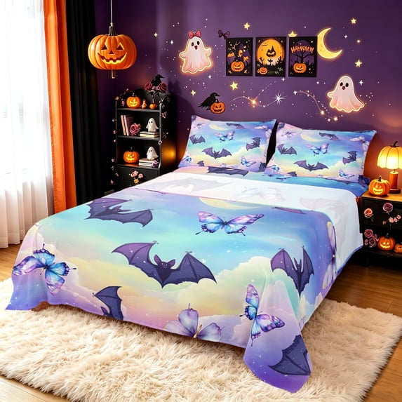 Erosebridal Cartoon Bat Bed Sheets, Butterfly Sky Full Size Sheets, Light Blue Plum, Colorful Stars Reversible, 4-Piece, 1 Flat Sheet, 1 Fitted Sheet and 2 Pillowcases