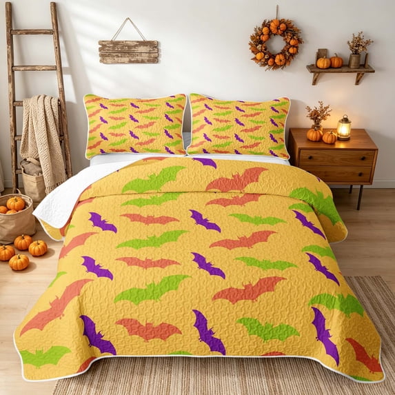 Erosebridal Cartoon Bat Quilt Full, Halloween Full Bedspread Sets for Boys Girls, Mustard Orange Purple Light Green, 3pcs 1 Coverlet and 2 Pillowcases