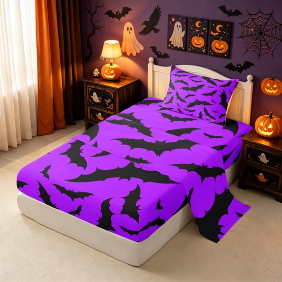 Erosebridal Cartoon Bat Twin Sheets, Halloween Sky Bedding, Purple Burgundy, Black Reversible, 3-Piece, 1 Flat Sheet, 1 Fitted Sheet and 1 Pillowcase