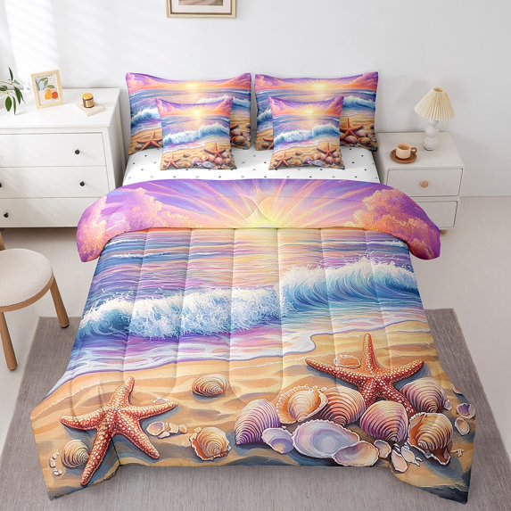 Erosebridal Cartoon Beach Bed in a Bag Twin size, Starfish Sealife Bed Set, Ocean Print Decor, Reversible 7pcs