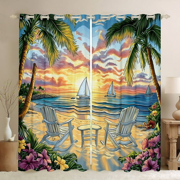 Erosebridal Cartoon Beach Curtains for Living Room, Ocean Marine 30%-50% Blackout Curtains Set of 2 (38x45), Tropic Flower Curtains and Drapes (38x45), Window Curtains Bedroom Decor