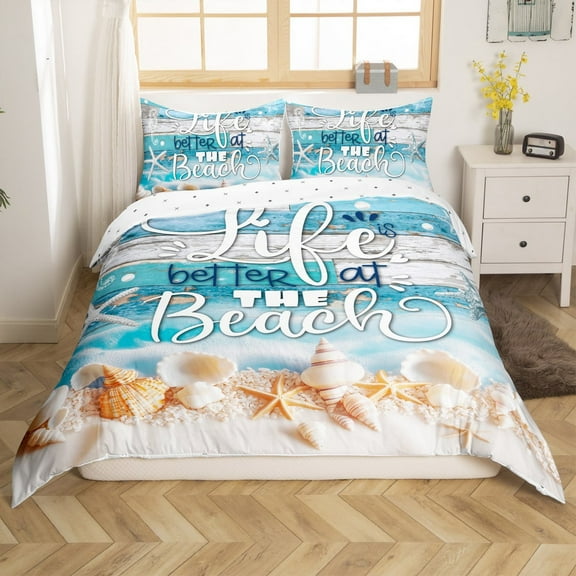 Erosebridal Cartoon Beach Duvet Cover King, Starfish Sealife Comforter Cover King, Ocean Print Decor, Reversible 3-Piece（No Comforter）