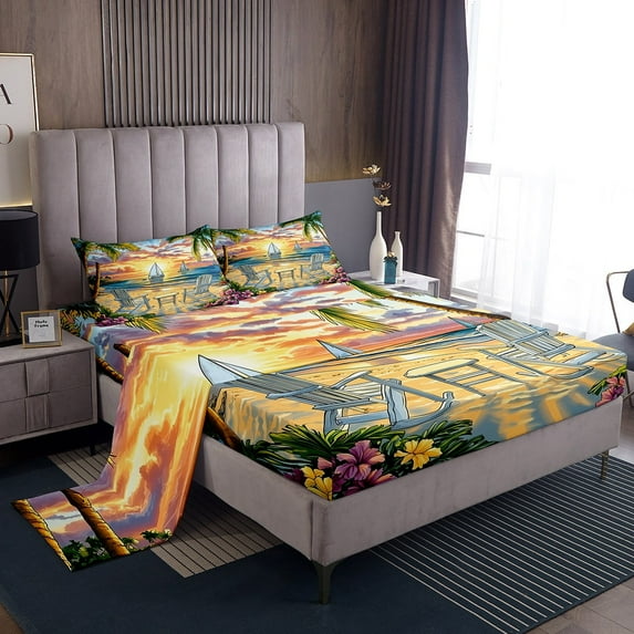 Erosebridal Cartoon Beach Sheet Set Twin, Ocean Marine Bedding Sets Twin Size, Tropic Flower Twin Sheet Sets, Breathable Bedroom Decor, 3 Pieces