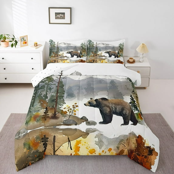 Erosebridal Cartoon Bear Comforter Sets King Size,Woodland Animal Comforters & Duvets,Cmountain Tree Bedding King Comforter Set,Microfiber Bedroom Decor Reversible,3-Piece