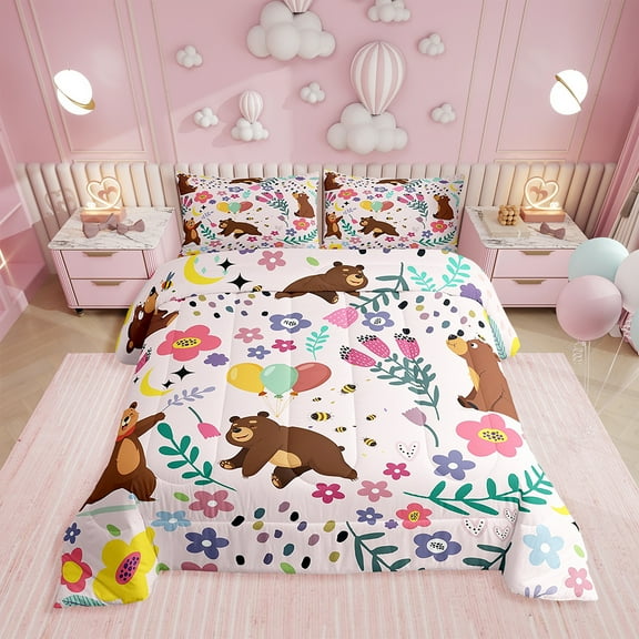 Erosebridal Cartoon Bear Comforter Twin Bedding Sets Farm Style Bear Flower Duvet Insert Farmhouse Pink Cute Animal Down Comforter 2pcs,Reversible Pink