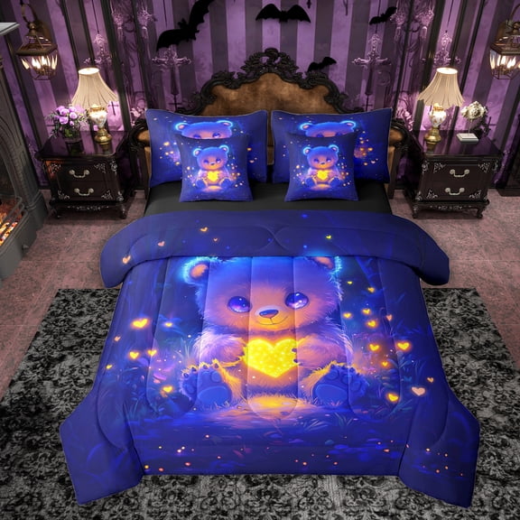 Erosebridal Cartoon Bear Doll Bedding Comforter Set 7pcs, Glitter Love Heart Print Queen Bedding Sets