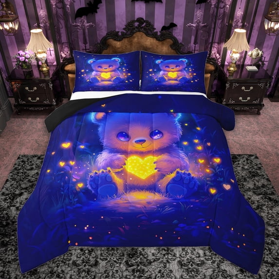 Erosebridal Cartoon Bear Doll Queen Comforter Set, Glitter Love Heart Print Bedding Comforter Set, 3 Pieces