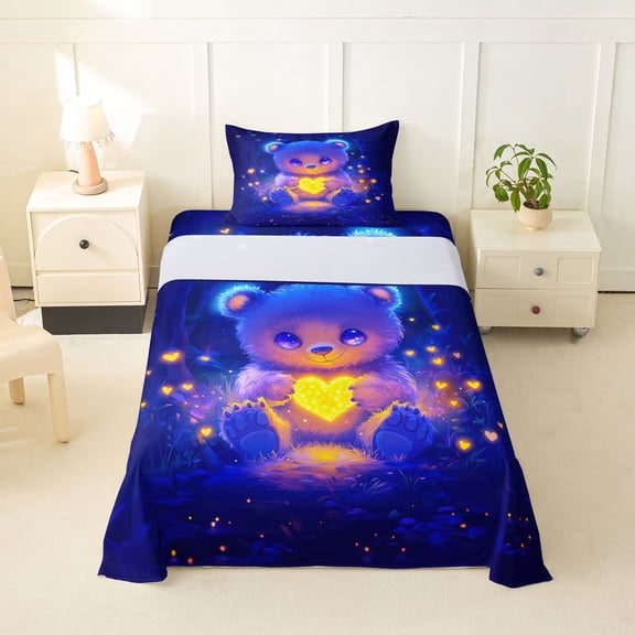 Erosebridal Cartoon Bear Doll Twin Sheet Sets, Glitter Love Heart Print Bedding, 3 Pieces