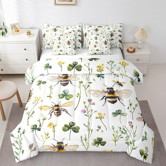 Erosebridal Cartoon Bee Bed in a Bag Twin size, Green Shamrock Bed Set, Rustic Flower Bedding Twin Size, Ultra Soft Bedroom Decoration, 7pcs