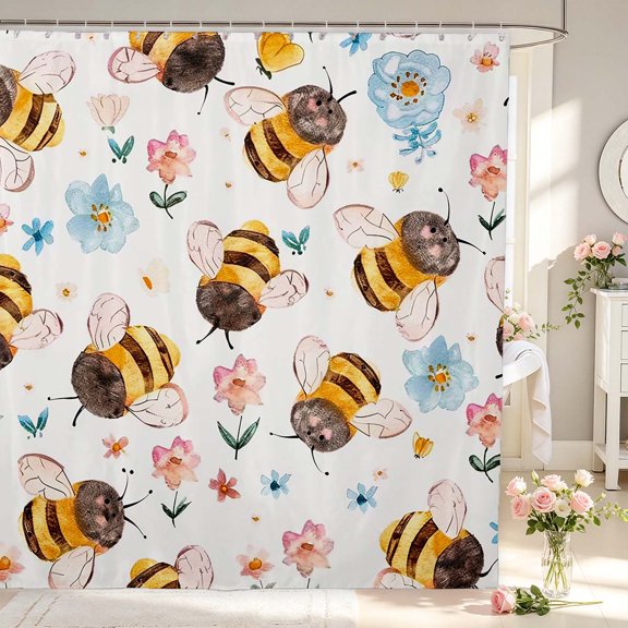Erosebridal Cartoon Bee Shower Curtain 72Wx72L,Cute Sunflower Florals Bathroom Curtain,White Pink