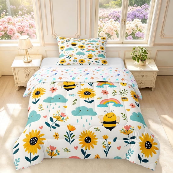 Erosebridal Cartoon Bee Twin Comforter Sets,Elegant Flower Bedding Set,White Blue,Colorful Stars Reversible,2pcs,1 Comforter and 1 Pillowcase