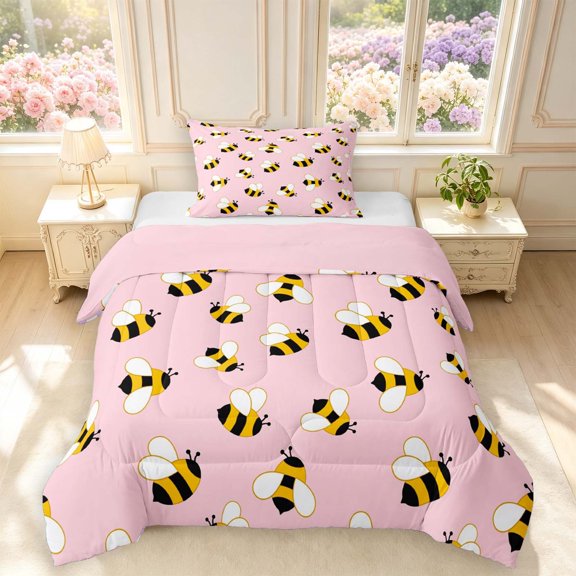 Erosebridal Cartoon Bee Twin Comforter Sets,Nature Wildlife Theme Bedding Set,Pink Yellow,Pink Reversible,2-Piece,1 Comforter and 1 Pillowcase