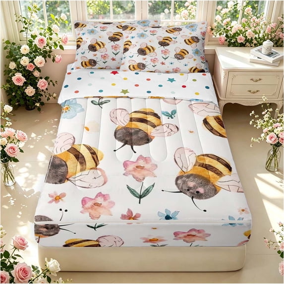 Erosebridal Cartoon Bee Zipper Twin Comforter Sets with Fitted Sheet and 2 Pillowcases,Cute Sunflower Florals Zipper Bedding Set,White Pink,Polkadot Reversible,4pcs