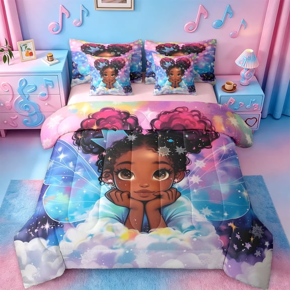 Erosebridal Cartoon Black Girls 7 Pieces Bedding Comforter Set,Rainbow Galaxy Starry Night Full Bedding Set For Kids Teens,Reversible Pink
