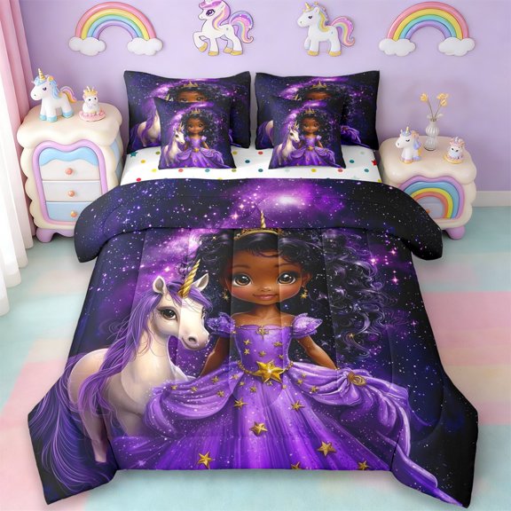Erosebridal Cartoon Black Girls 7pcs Bedding Comforter Set For Kids,Cute Unicorn Magic Animal Queen Bedding Sets,Reversible