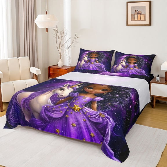 Erosebridal Cartoon Black Girls Bed Sheets For Kids,Cute Unicorn Magic Animal King Sheets 4pcs