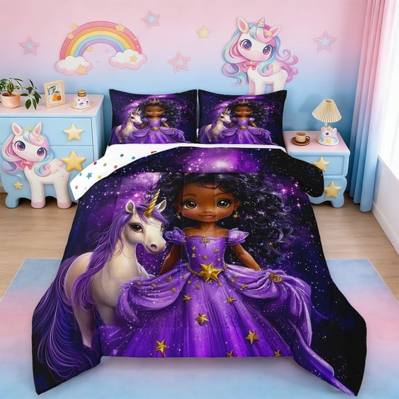Erosebridal Cartoon Black Girls Queen Comforter Set For Kids,Cute Unicorn Magic Animal Bedding Comforter Set,Reversible 3 Pieces
