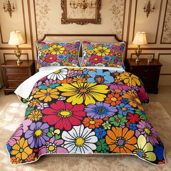 Erosebridal Cartoon Blossom Quilt King, Cute Flower King Coverlet Set, Gray Reversible, Multicolor Black, 3-Piece (1 Bedspread and 2 Pillowcases)