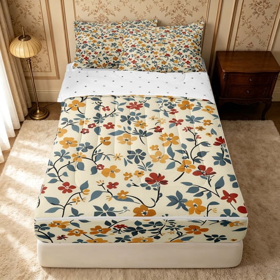 Erosebridal Cartoon Blossom Zipper Twin Comforter Sets with Fitted Sheet and 2 Pillowcases, Groovy Floral Zipper Bedding Set, Reversible, Rust Blue, Reversible