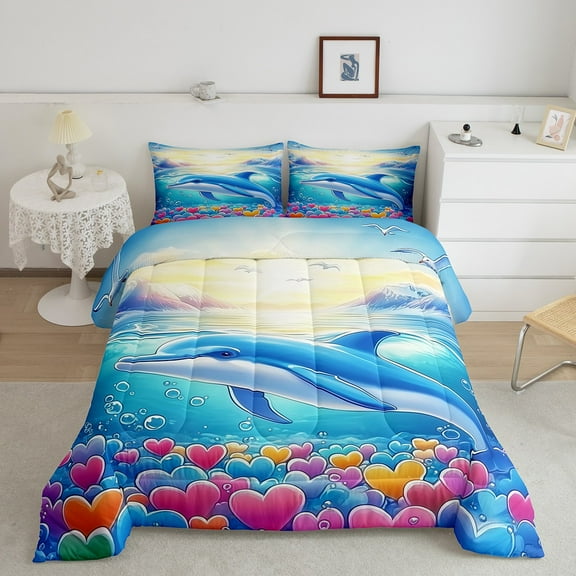 Erosebridal Cartoon Blue Dolphin Comforter Sets Twin Size, Love Heart Comforters & Duvets, Sealife Animal Decor, Lightweight 2pcs