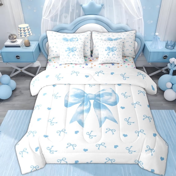 Erosebridal Cartoon Blue Ribbon Bedding Comforter Set 7pcs, Cool Girls Bow King Bedding Sets