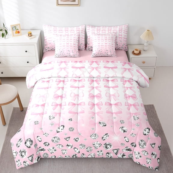 Erosebridal Cartoon Bow Bedding Sets Twin Size,Gradient Ombre Comforter Sets with Sheets,Bling Crystal Bed in a Bag Twin size,Ultra Soft Cute Room Decoration,Reversible,7pcs