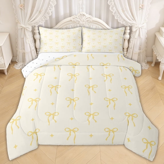 Erosebridal Cartoon Bow Star Queen Comforter Set for Girls, Yellow Bow Bedding Comforter Set for Kids Teens, Reversible, 3 Pieces