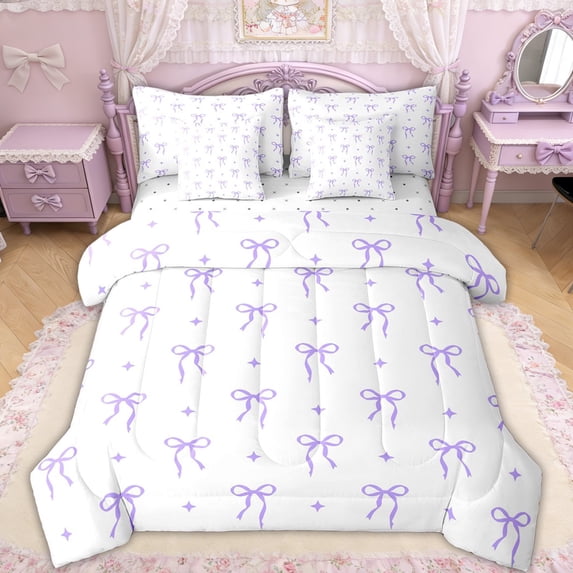 Erosebridal Cartoon Bow Star Twin Bedding Sets for Girls, Purple Bowknot Bedding Comforter Set for Women, Reversible, 7pcs