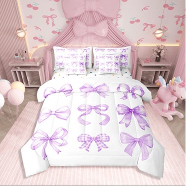 Erosebridal Cartoon Bow Tie Bedding Sets Twin Size,Bow Bowknot Comforter Sets with Sheets,Kawaii Decoration,Reversible,Lightweight,7-Piece