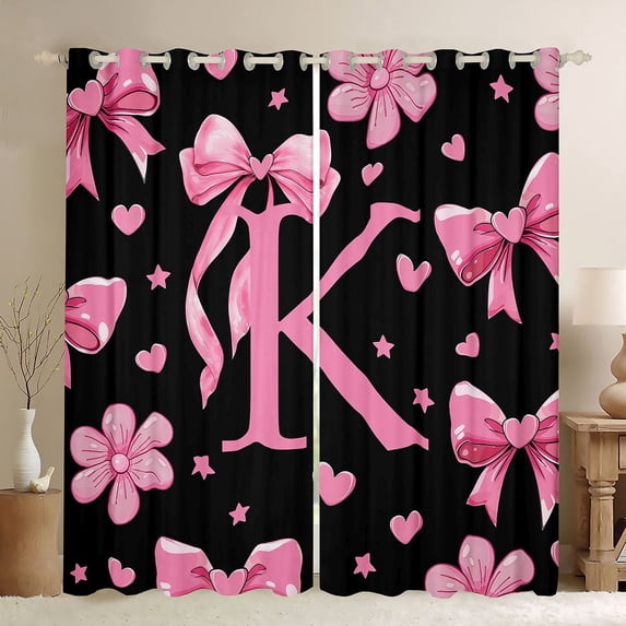 Erosebridal Cartoon Bow Tie Printed Black Out Curtains,Ribbon Bowknot Pink Monogrammed K Curtains Pack of 2 (42x63 Each) For Girls Kids
