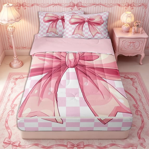 Erosebridal Cartoon Bow Zipper Twin Comforter Sets with Fitted Sheet and 2 Pillowcases,Geometric Checkerboard Zipper Bedding Set,Pink White,4-Piece,Pink Reversible