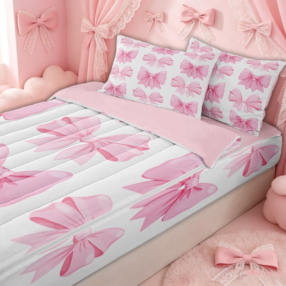 Erosebridal Cartoon Bow Zipper Twin Comforter Sets with Fitted Sheet and 2 Pillowcases for Girls, Pink Cute Ribbon Zipper Bedding Set, Pink Reversible, 4-Piece