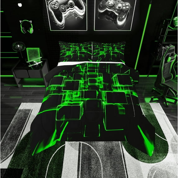 Erosebridal Green Plaid Bedding Sets Full with Comforter,Futuristic Cubes Duvet Insert,Lightweight Reversible Comforter Sets Full Size,Buffalo Decoration,3-Piece