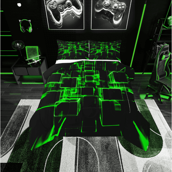 Erosebridal Green Plaid Bedding Twin Comforter Set,Futuristic Cubes Down Comforter,Lightweight Reversible Bedding Sets Twin with Comforter,Buffalo Decoration,3pcs