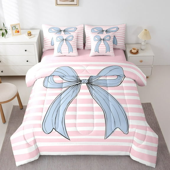 Erosebridal Cartoon Bowknot Bedding Sets Full Size, Pink Blue Comforter Sets with Sheets, Cute Stripes Reversible Bed Sheets Set, Microfiber Room Decoration, 7-Piece