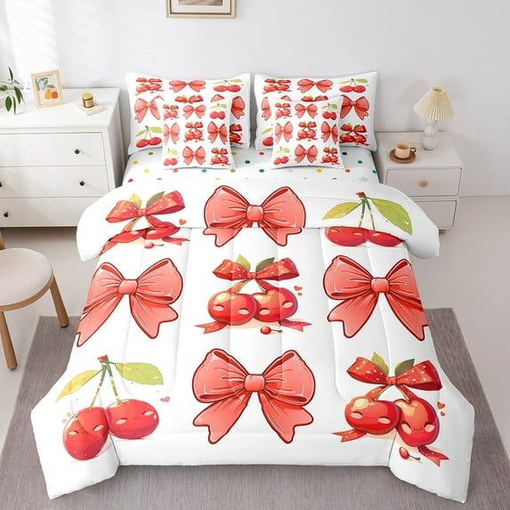 Erosebridal Cartoon Bowknot Bedding Sets Queen Size, Cherry Fruit Comforter Sets with Sheets, Teens Teenager Reversible Bed Sheets Set, Breathable Room Decor, 7 Pieces
