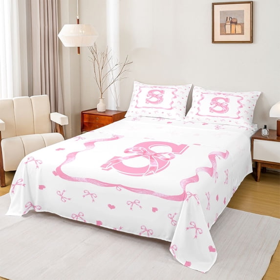Erosebridal Cartoon Bowknot Girls Bed Sheets, Monogrammed S King Sheets, White Pink, 4 Pieces