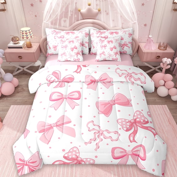 Erosebridal Cartoon Bowtie Bed in a Bag Queen Size,Geometric Dot Print Bed Set,White Pink Bedding Queen Size,Super Cozy Room Decoration Reversible,7 Pieces
